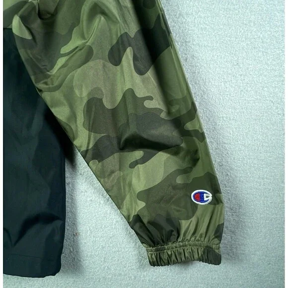 Champion Windbreaker Jacket Mens Small Black Green Camo Pocket Hooded Shell Zip - Picture 5 of 11